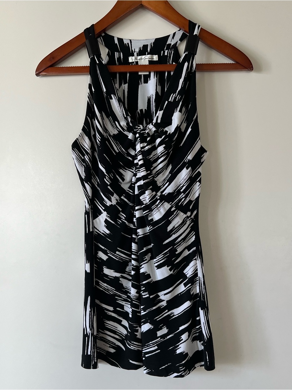 Kenneth Cole NY Black White Abstract Draped Sleeveless Blouse Top PXS